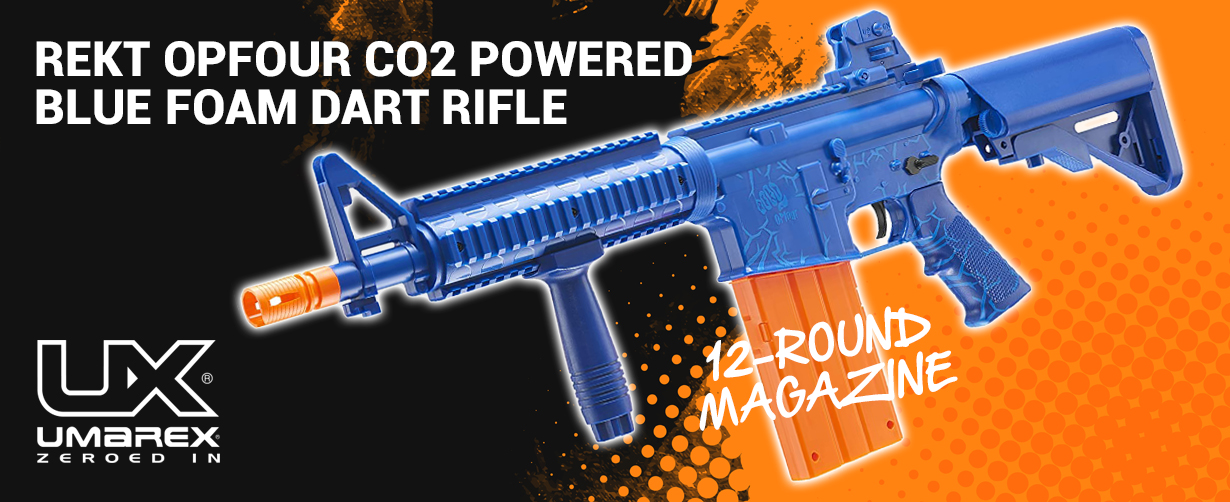 REKT OPFOUR CO2 POWERED BLUE FOAM DART RIFLE WITH 12 ROUND MAGAZINE 100